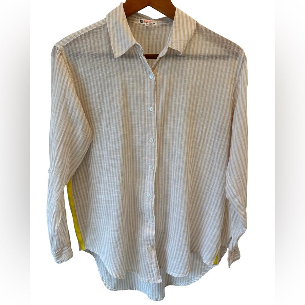 Sundry x Evereve Pop Stripe Button Down Sz 0/ XS Tan Stripe Beach Coverup EUC